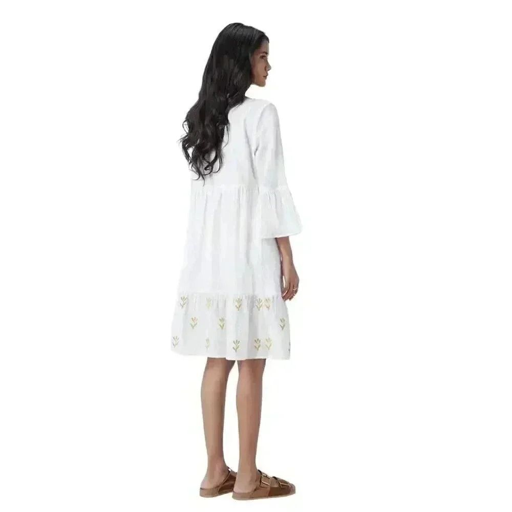 LOV Women's Off-White Cotton & Gold Floral-Embroidered Dress - Picture 4 of 15
